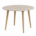 Tavolo da pranzo rotondo 80 cm in MDF effetto pietra beige chiaro con gambe in faggio naturale altezza 74 cm