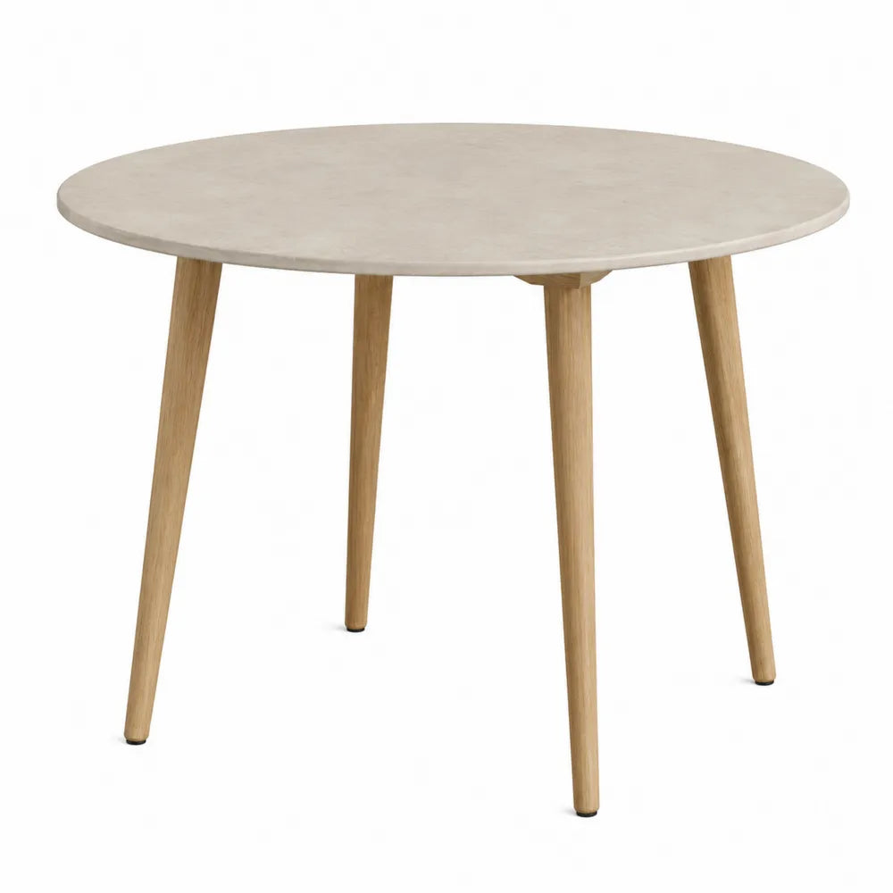Tavolo da pranzo rotondo 80 cm in MDF effetto pietra beige chiaro con gambe in faggio naturale altezza 74 cm