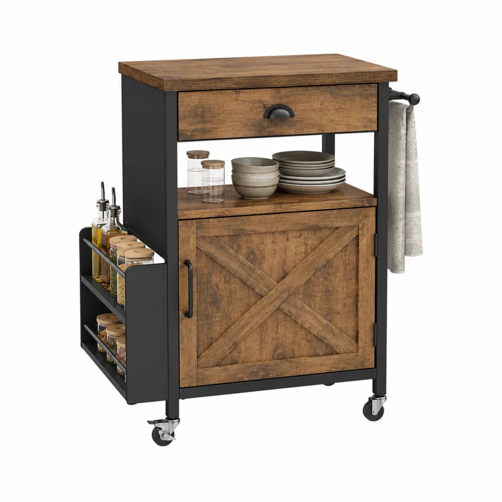Carrello contenitore rettangolare con ruote in truciolare effetto rovere e acciaio nero con cassetto anta e portaoggetti laterale 80 cm x 40 cm x 85 cm