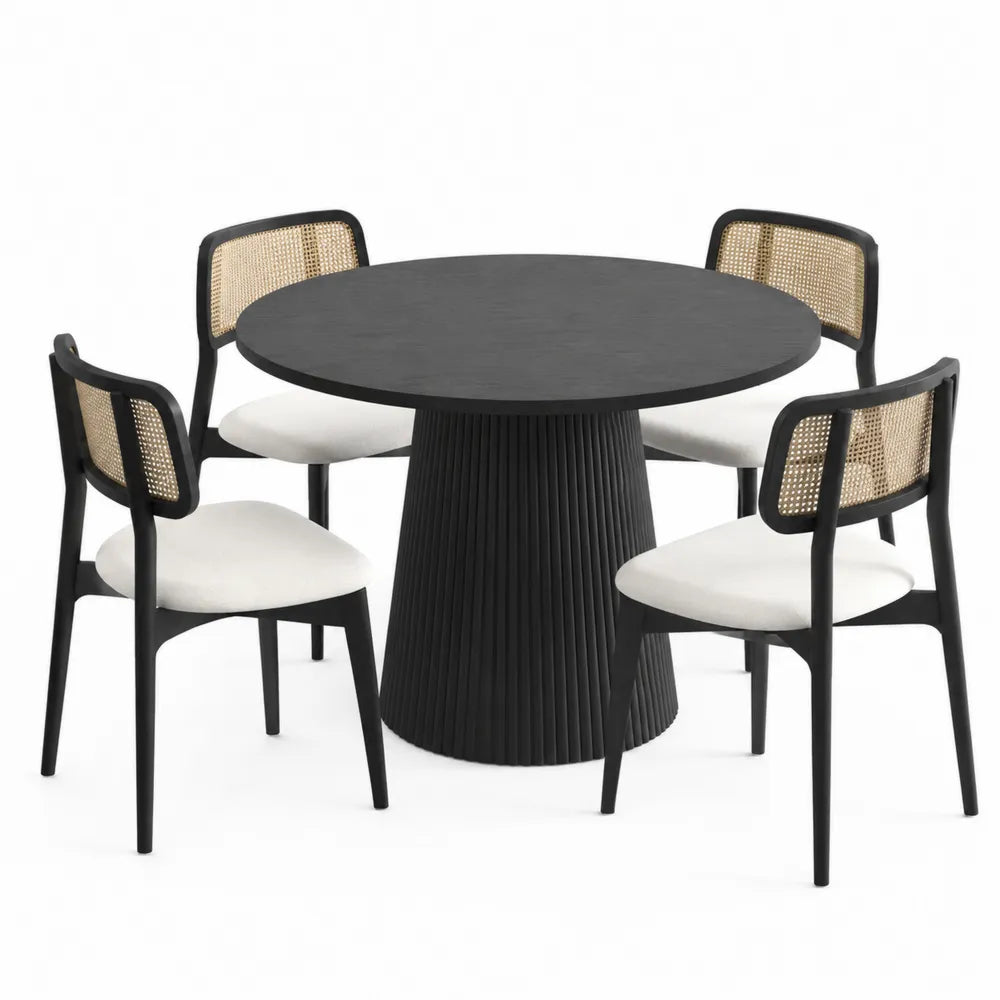 Tavolo da pranzo rotondo 120 cm set 4 sedie struttura in metallo nero seduta imbottita tessuto bianco schienale in rattan sintetico