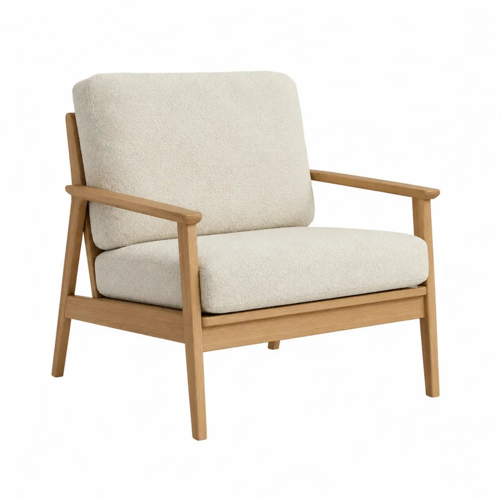 Poltrona 75 cm x 80 cm x 78 cm in tessuto bouclé beige con struttura in legno massello e gambe in legno con braccioli