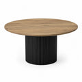 Tavolo da pranzo rotondo 120 cm piano in MDF effetto legno base cilindrica in metallo nero finitura scanalata