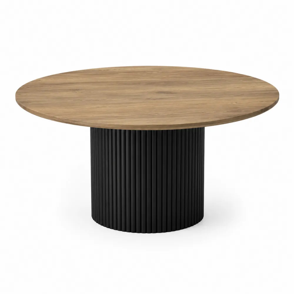 Tavolo da pranzo rotondo 120 cm piano in MDF effetto legno base cilindrica in metallo nero finitura scanalata