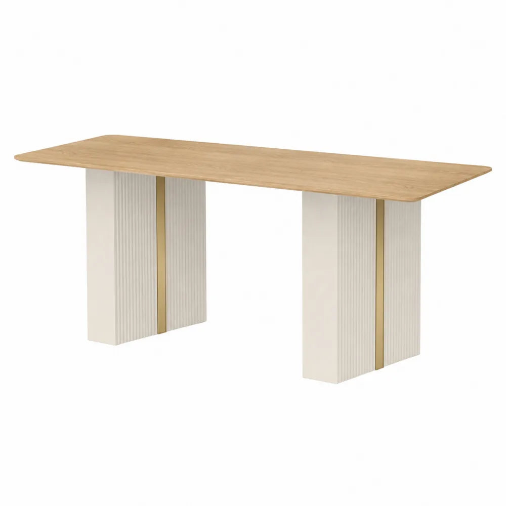 Tavolo da pranzo rettangolare 160 x 80 x 75 cm in MDF effetto rovere naturale con basi a pannello bianco crema e dettagli dorati