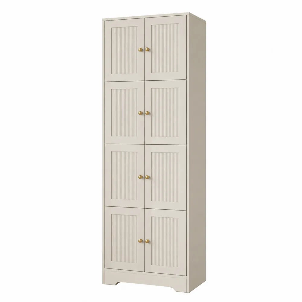 Armadio contenitore 60 x 35 x 180 cm in pannello truciolare e MDF bianco crema con 8 ante scanalate e pomelli color oro
