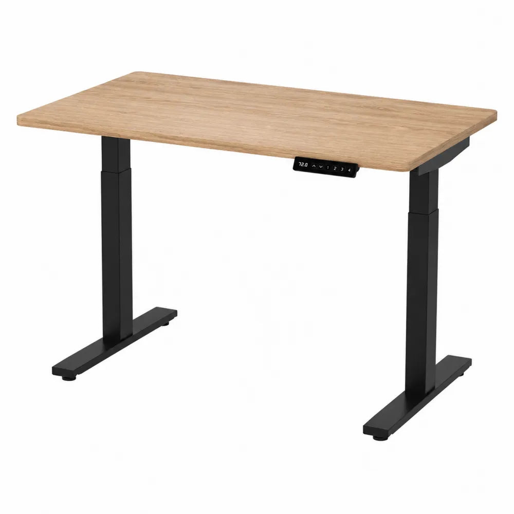 Scrivania elettrica rettangolare regolabile in altezza con piano in truciolare effetto legno chiaro struttura in acciaio nero 120 x 60 x 72-118 cm