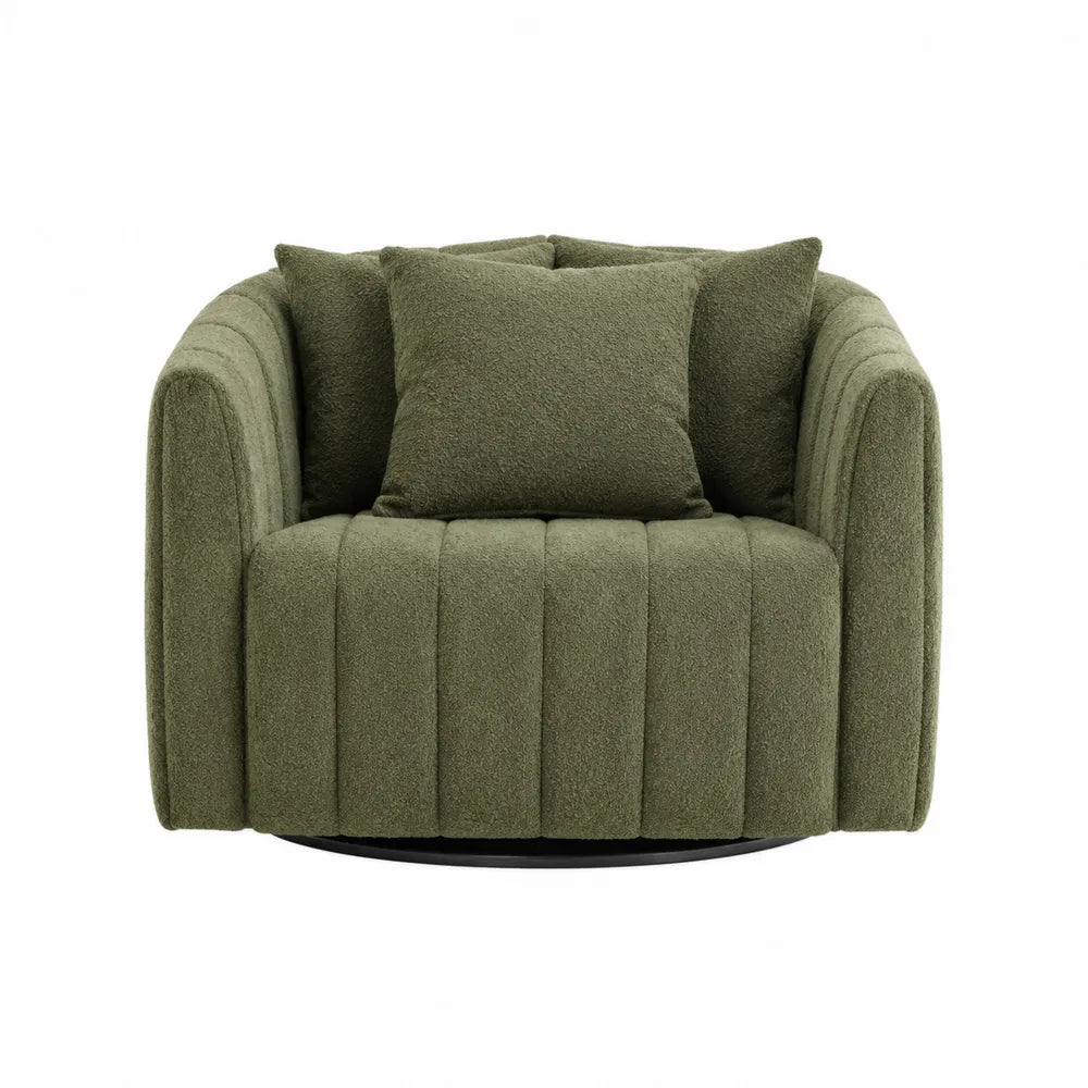 Poltrona girevole imbottita in tessuto bouclé verde con base rotonda in acciaio nero 85 cm x 80 cm x 78 cm