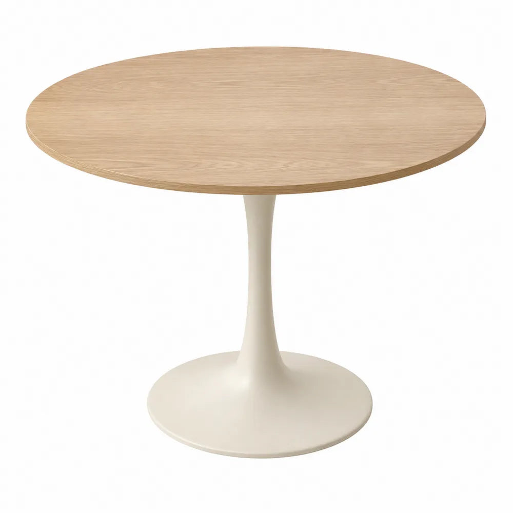 Tavolo da pranzo rotondo 100 cm in MDF effetto rovere naturale con base centrale in acciaio bianco crema altezza 75 cm