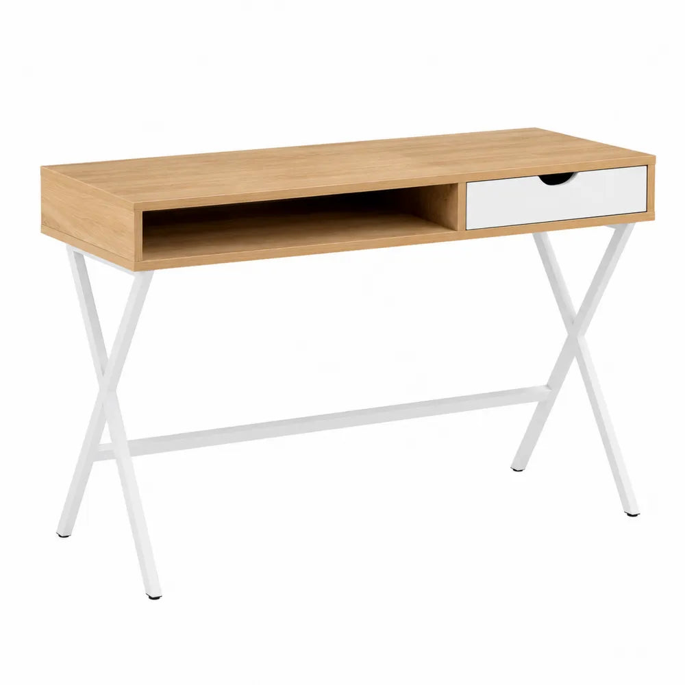 Scrivania rettangolare con vano aperto e cassetto piano in truciolare effetto legno chiaro struttura in acciaio bianco 120 x 50 x 75 cm
