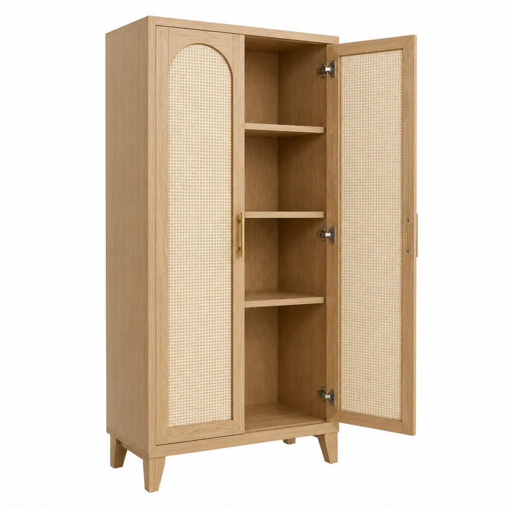Armadio contenitore alto 80 x 40 x 150 cm in pannello truciolare effetto rovere chiaro con 2 ante in rattan beige