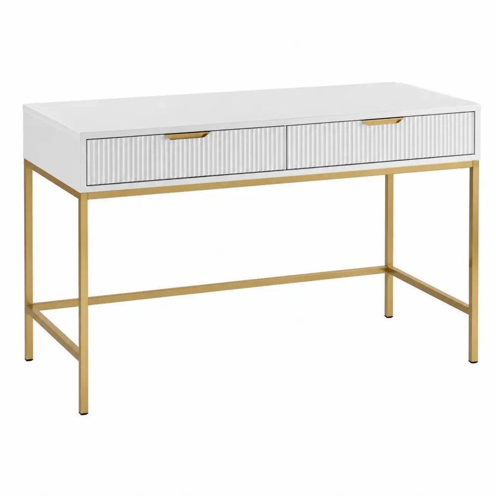 Scrivania rettangolare da ufficio con cassetti in MDF bianco e struttura in metallo dorato 120 cm x 50 cm x 75 cm