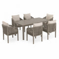 Set da pranzo da esterno tavolo rettangolare con 6 sedie in corda intrecciata struttura in alluminio grigio tortora 160 cm x 90 cm x 75 cm