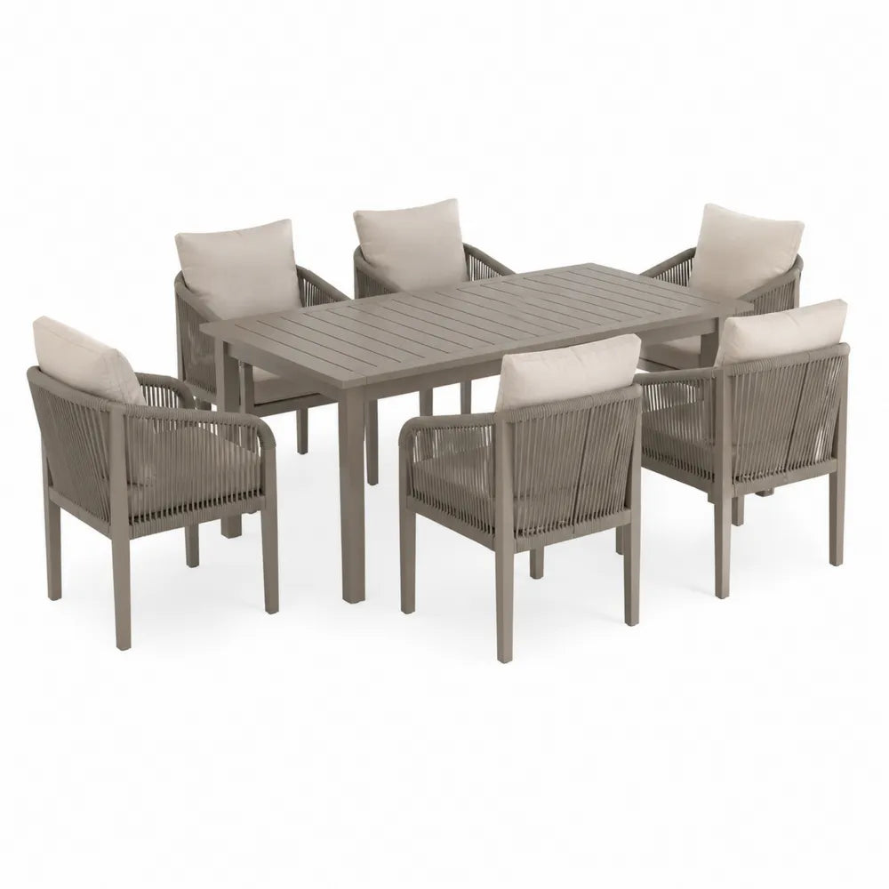 Set da pranzo da esterno tavolo rettangolare con 6 sedie in corda intrecciata struttura in alluminio grigio tortora 160 cm x 90 cm x 75 cm
