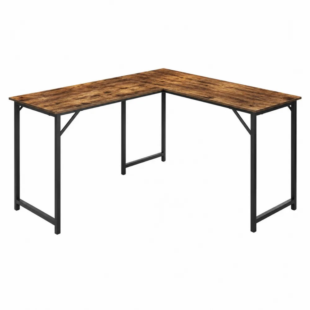 Scrivania angolare a L con piano in truciolare effetto legno marrone struttura in acciaio nero circa 140 x 120 x 75 cm