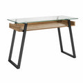 Scrivania rettangolare con piano in vetro temperato trasparente ripiano in truciolare effetto legno struttura in acciaio nero 120 x 55 x 75 cm