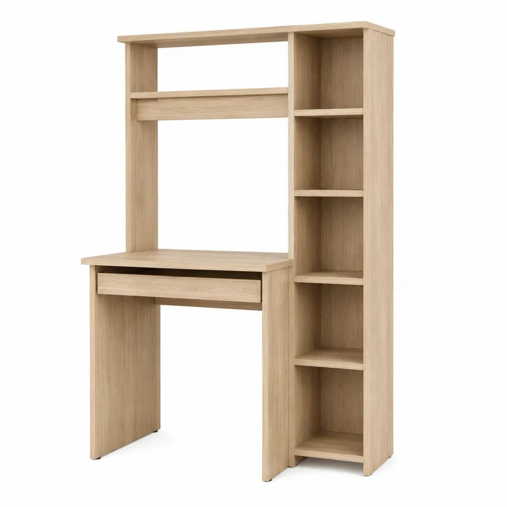Scrivania rettangolare con libreria laterale e cassetto in truciolare effetto rovere chiaro 120 x 50 x 180 cm