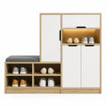 Mobile contenitore con scarpiera 120 x 35 x 120 cm in pannello truciolare effetto rovere naturale e bianco con panca imbottita grigia