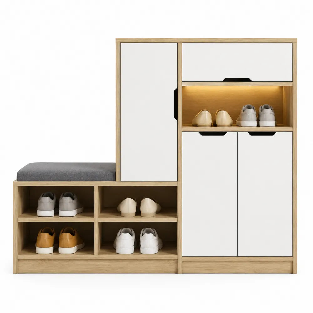 Mobile contenitore con scarpiera 120 x 35 x 120 cm in pannello truciolare effetto rovere naturale e bianco con panca imbottita grigia