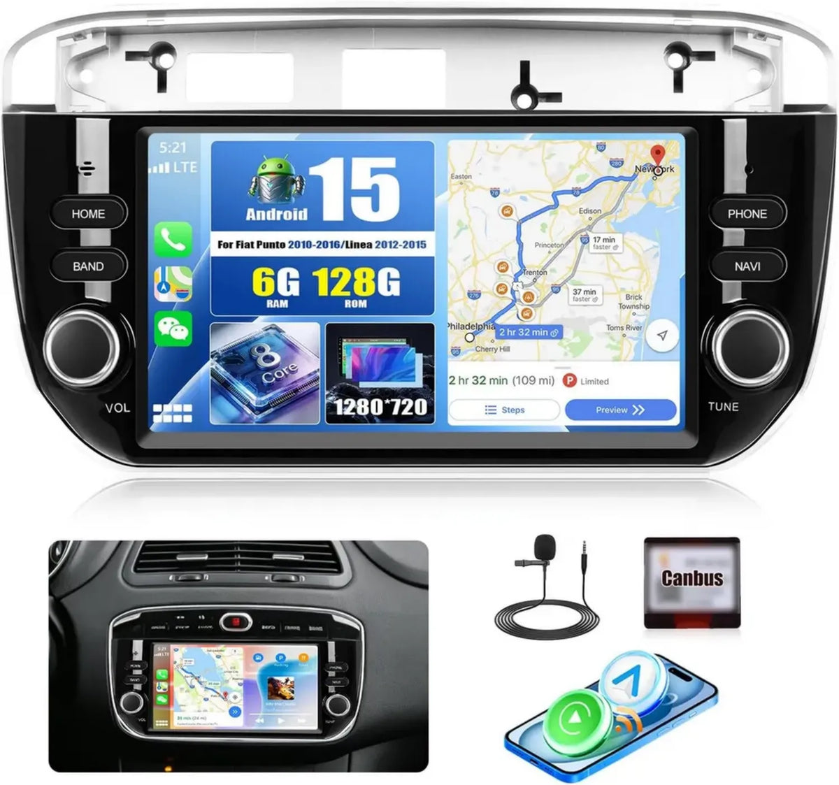 Autoradio Android 15 con Carplay per Fiat Punto/Linea, Schermo 7' 8-core 6+128G, DSP, Bluetooth, GPS, WiFi, FM/RDS, 32EQ