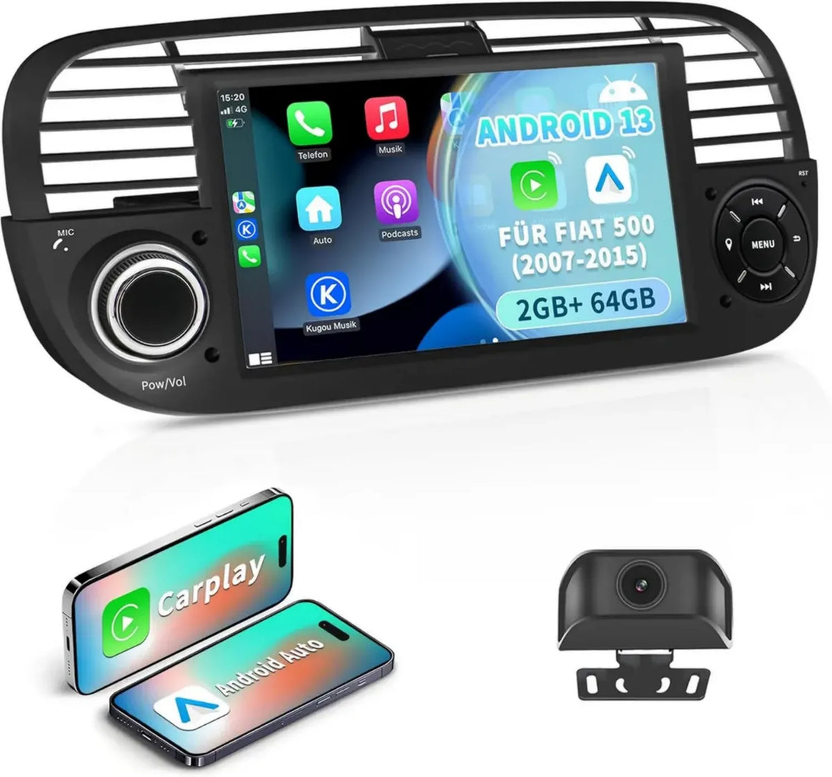 Sistema multimediale Android 13 per FIAT 500 con schermo IPS 7'' e telecamera posteriore HD