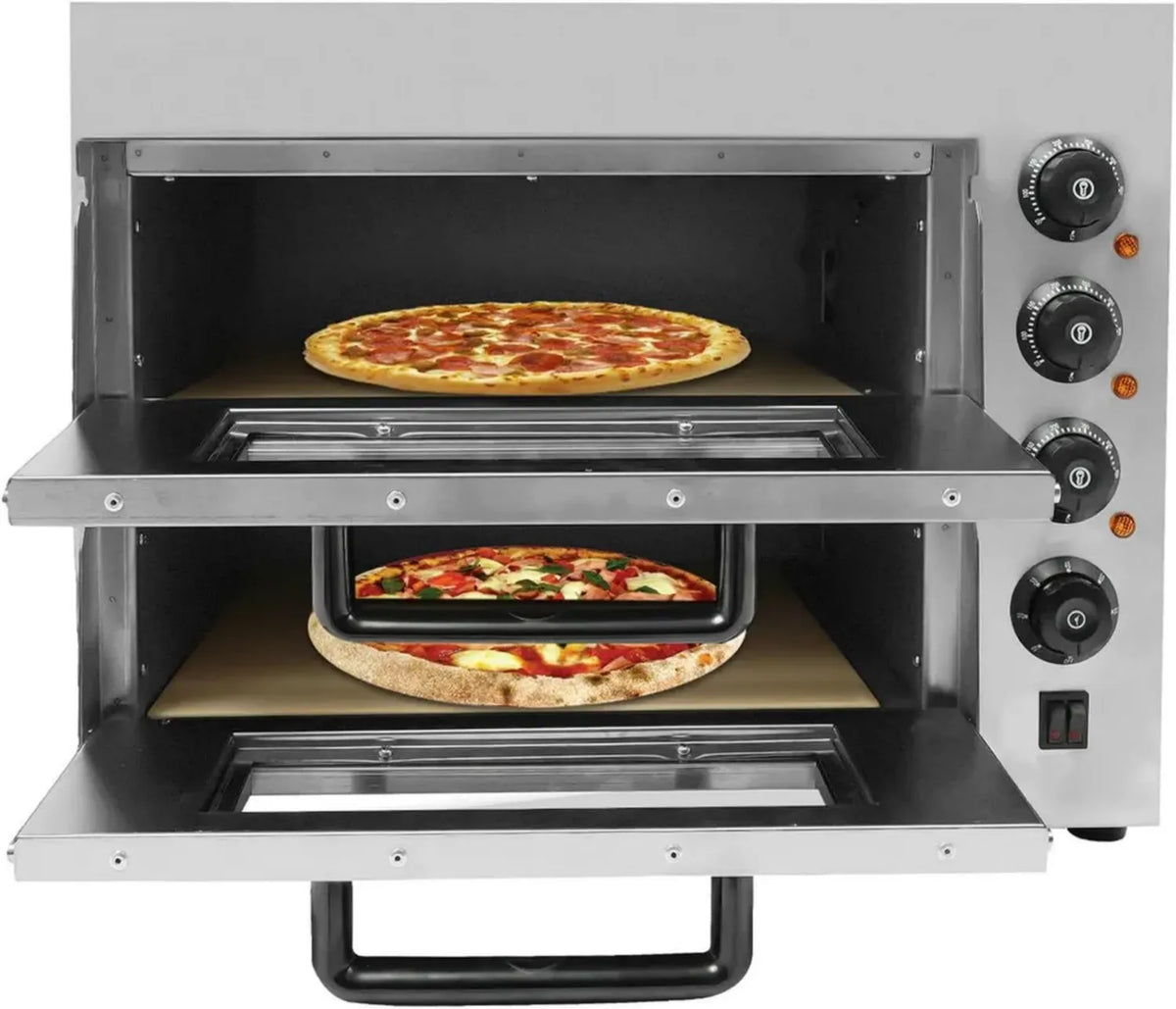 Forno per pizza in acciaio inox, 3000W, capacità 2x20L, temperatura regolabile 50-350°C, timer 1-60 minuti, finestra LED, 220V