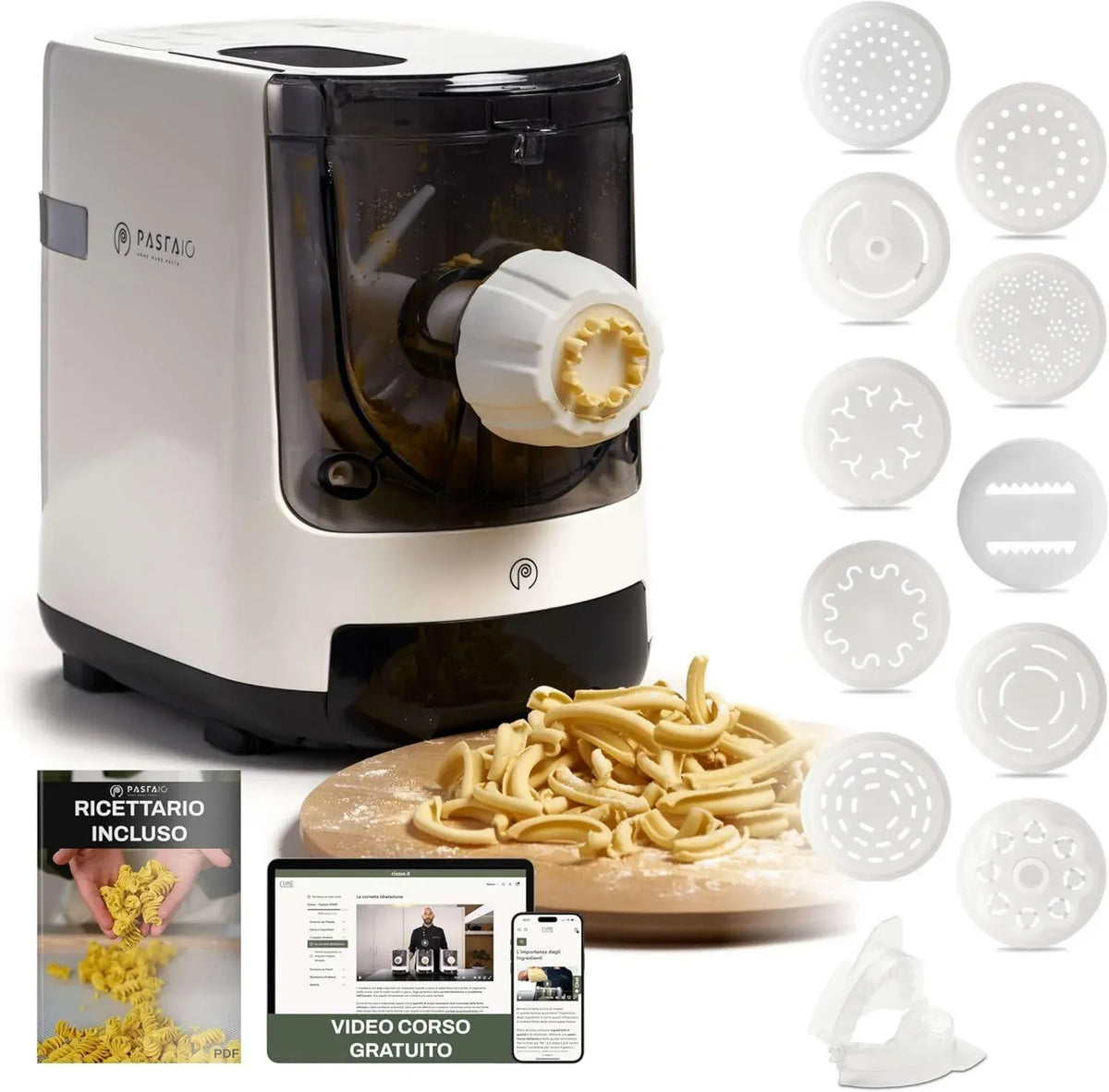 Macchina per Pasta CLASSE ITALY con 11 Accessori, Bilancia Integrata, Produce Fino a 800g di Pasta, 15 Formati, 5 Anni di Garanzia