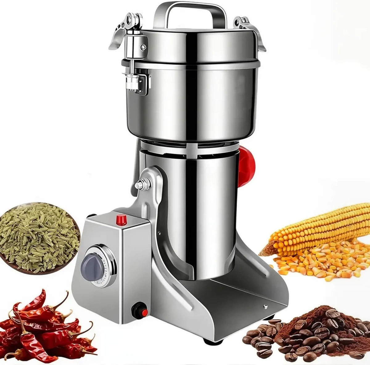 Macinacereali Elettrico 2400W, Trituratore in Acciaio Inox per Spezie, Noci e Caffè con Design Oscillante