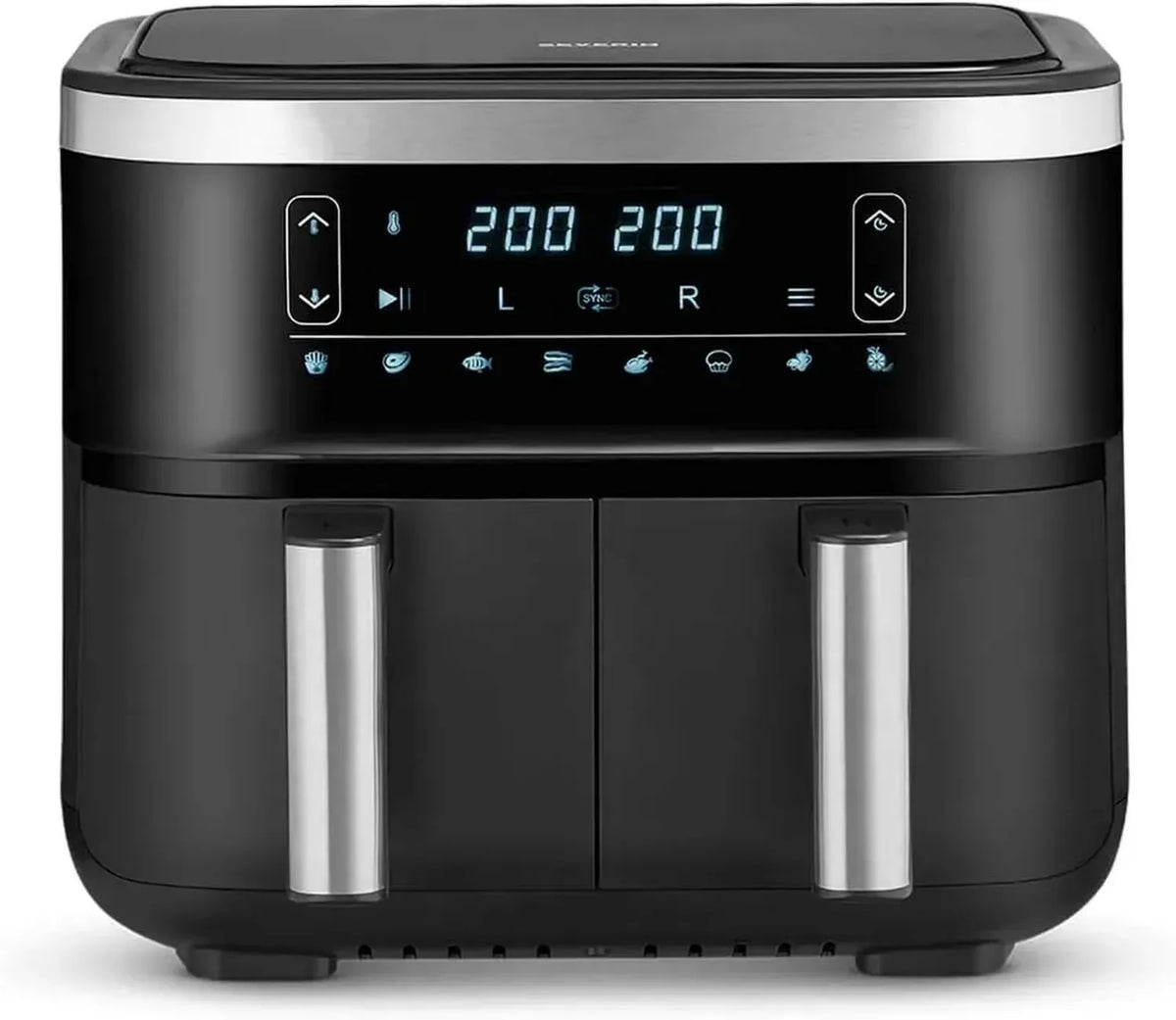 Friggitrice ad Aria SEVERIN FR 2453 con Doppio Cestello e Display Touch, Regolazione Temprature 80-200°C, Capacità 7,6L, 8 Programmi