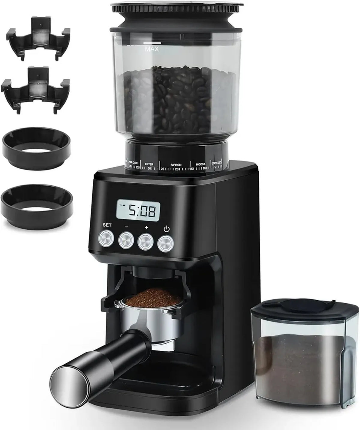Macinacaffè Elettrico con 51 Livelli di Regolazione, Acciaio Inox, Tecnologia Antistatica, 160W, Nero
