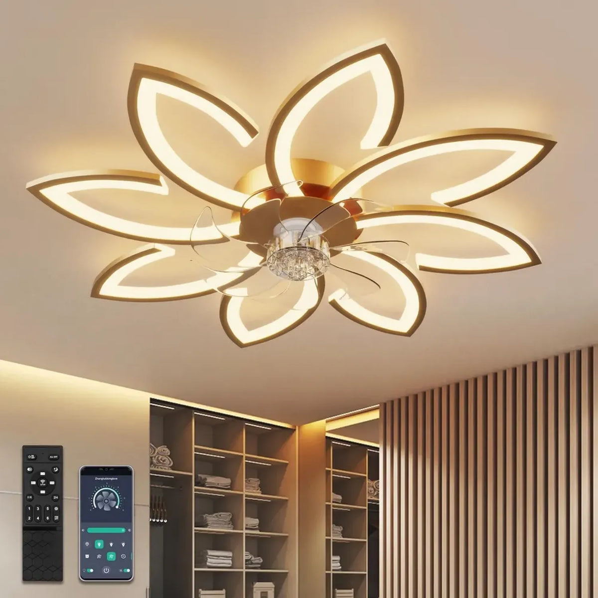 Ventilatore da Soffitto 90 cm con Telecomando, Design Fiore LED Dimmerabile Oro, 6 Velocità Reversibili per Camera e Cucina