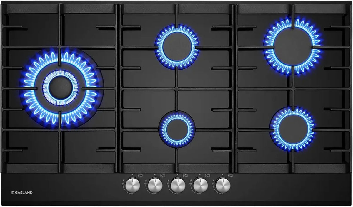 Piano Cottura a Gas in Vetro Nero, 5 Fuochi con Bruciatore Wok, 87 cm, Compatibile GPL/Naturale