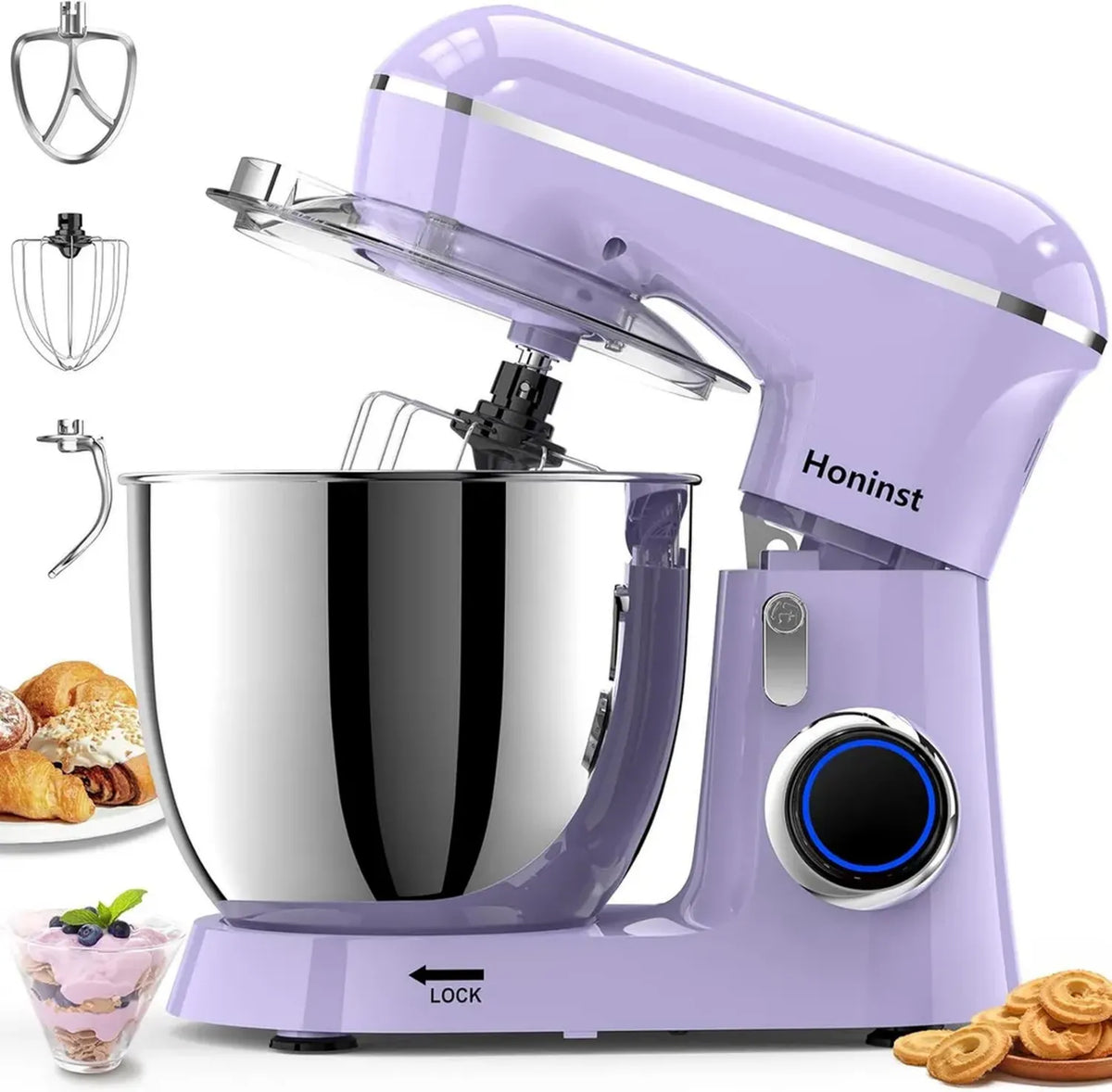 Impastatrice Planetaria 1400W, Ciotola 6L Acciaio Inox con Frusta e Gancio, Viola