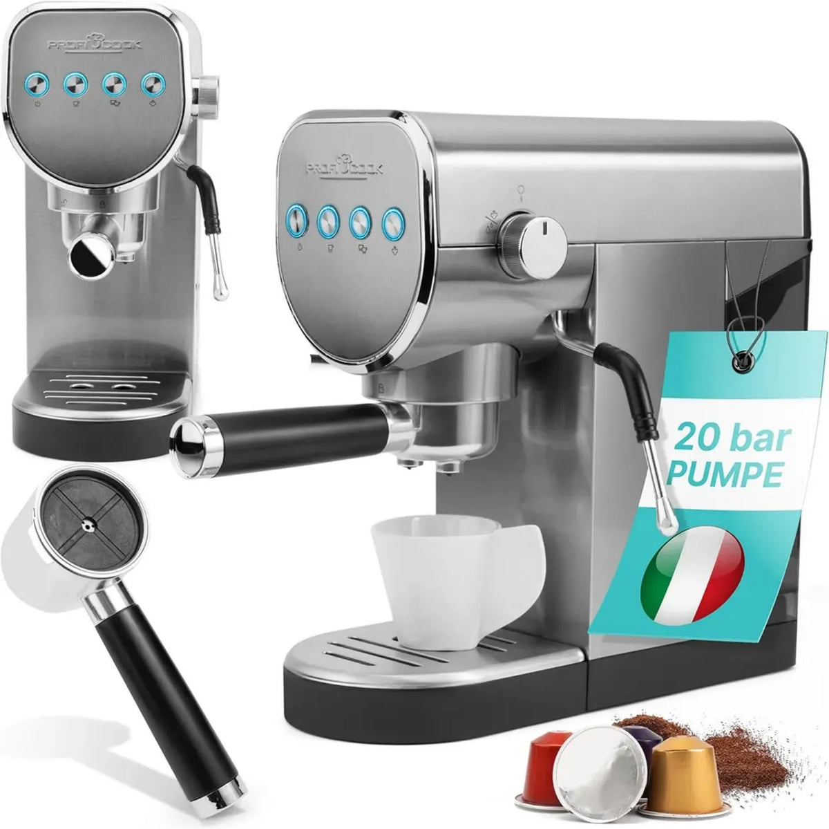 Macchina Espresso 2 in 1 Profi Cook: Capsule e Polvere, 20 Bar, Beccuccio Schiuma