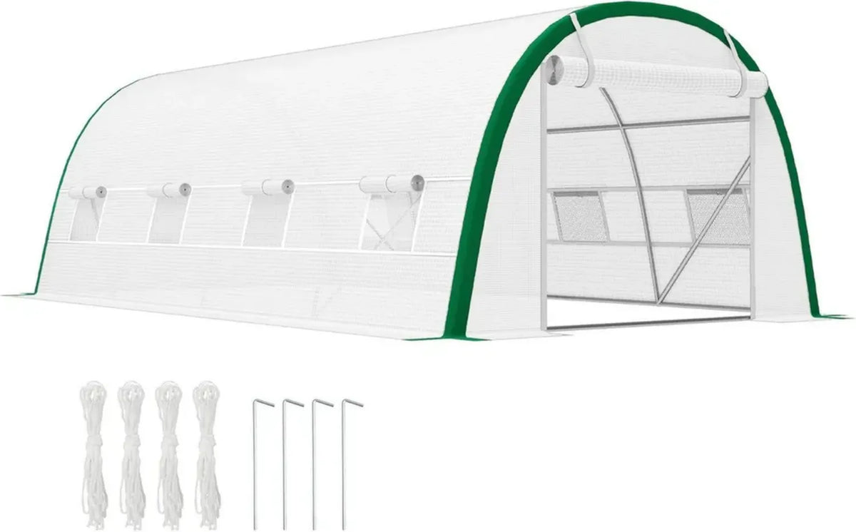 Outsunny Serra da Giardino 6x3x2m con Porta Avvolgibile, 8 Finestre in Rete, Tunnel in PE 140g/m², Struttura in Acciaio Zincato, Protezione UV, Colore Bianco