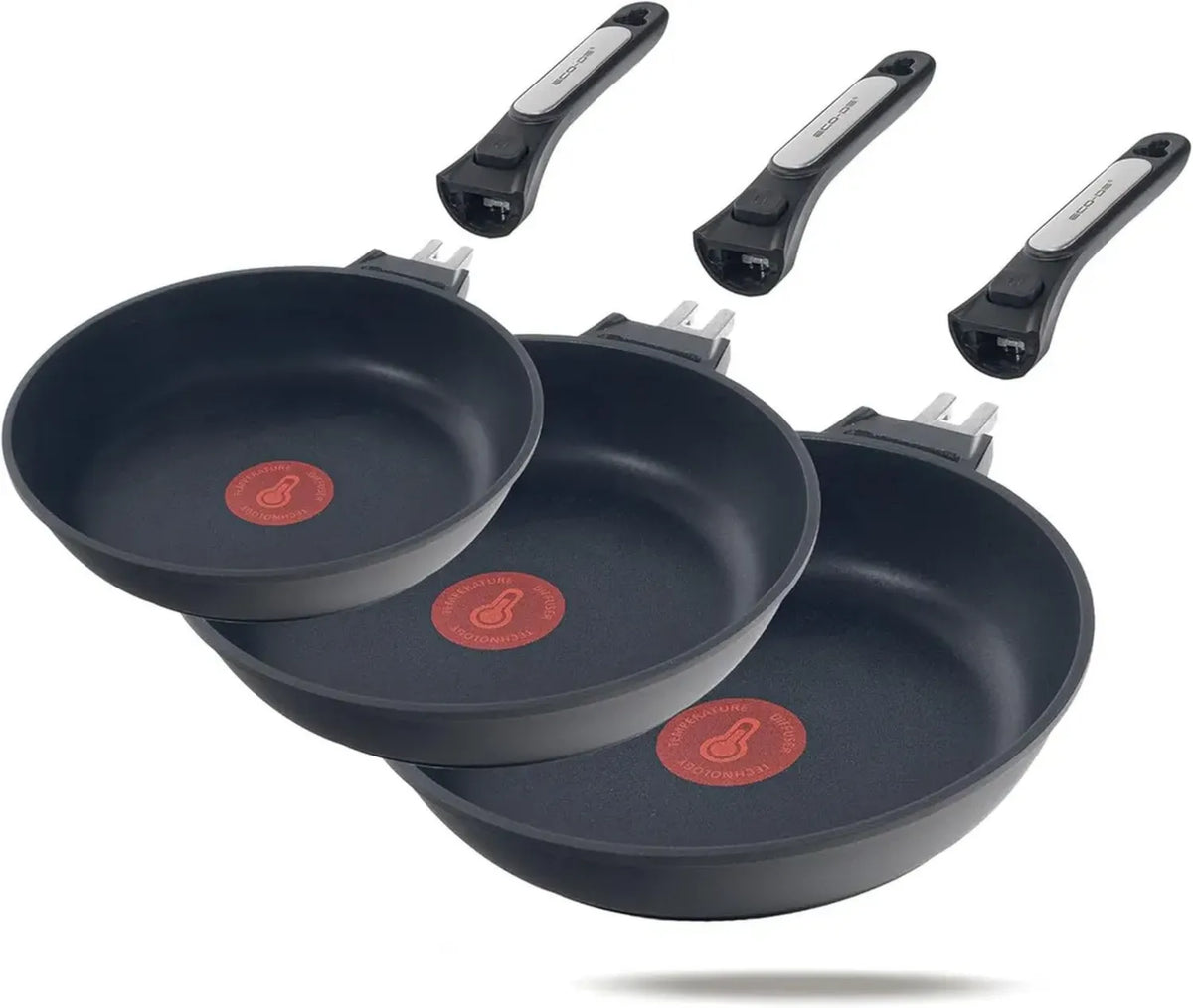Set Padelle Antiaderenti per Induzione e Gas, 3 Manici Removibili, Salvaspazio, 20-28 cm, Compatibili con Forno e Lavastoviglie