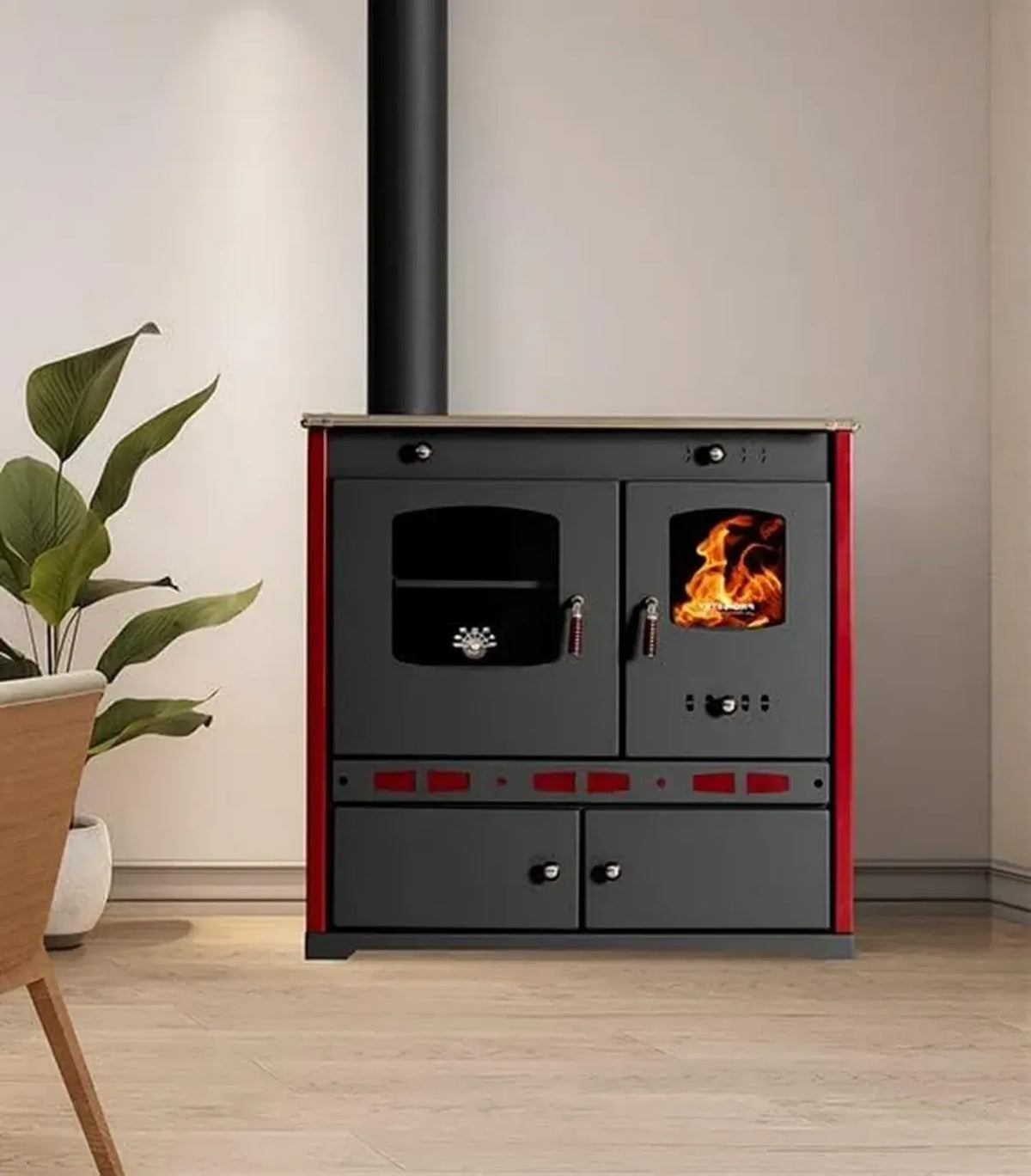 Stufa a Legna Prometey Perfect Eco Lux 7 kW, Vano Cottura e Piano, Uscita Sinistra
