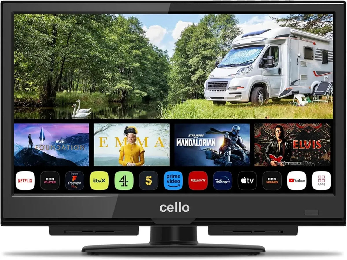 TV Smart Cello 16'' 12V con WebOS e Bluetooth, Suono Cristallino, Compatibile con Prime Video, Apple, DAZN – Perfetto per Camper, Camion e Barche