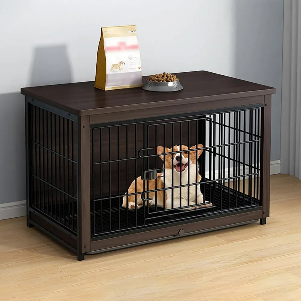 Casetta per Cani in Legno e Metallo con Cassetto e Serratura, Tavolino per Interno Colore Noce Nero