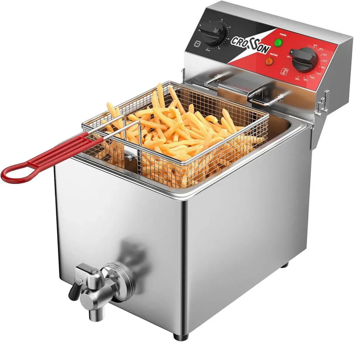 Friggitrice Commerciale CROSSON 6 Litri, Acciaio Inossidabile 3000W con Coperchio, Rubinetto di Scarico, Controllo del Tempo e Temperatura 80-200°C, per Cucina e Ristorante