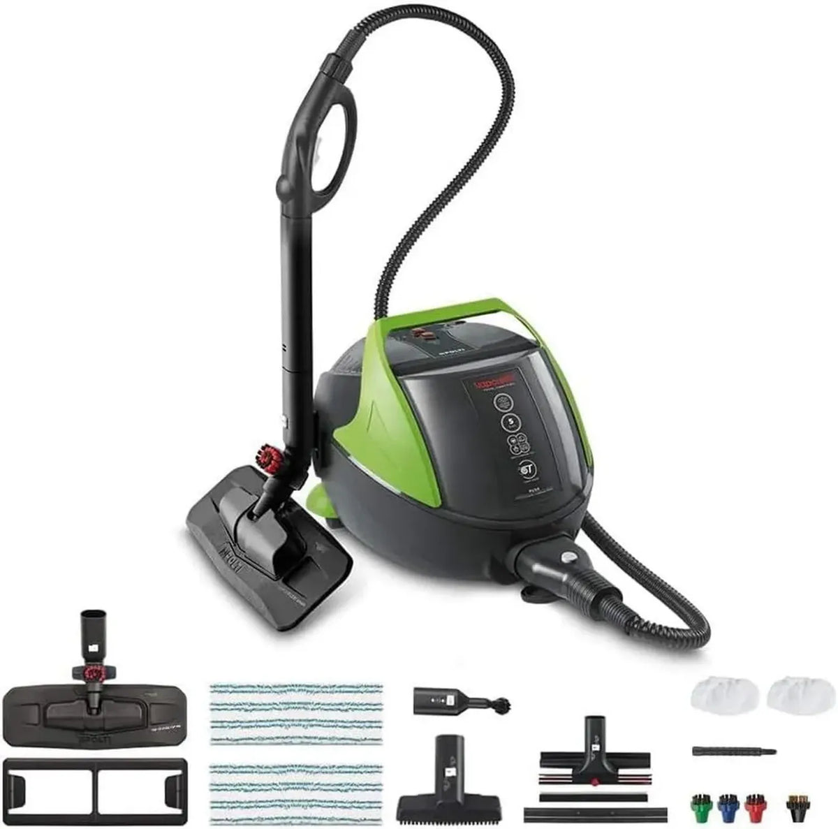 Pulitore a Vapore Polti Vaporetto Pro 95 Turbo, 5 Bar, 1100W, Autonomia Continua, 14 Accessori, Nero/Verde, Eco