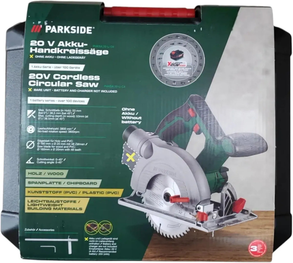 Sega Circolare Cordless 20V PARKSIDE PHKSA B3 - Senza Batteria e Caricatore