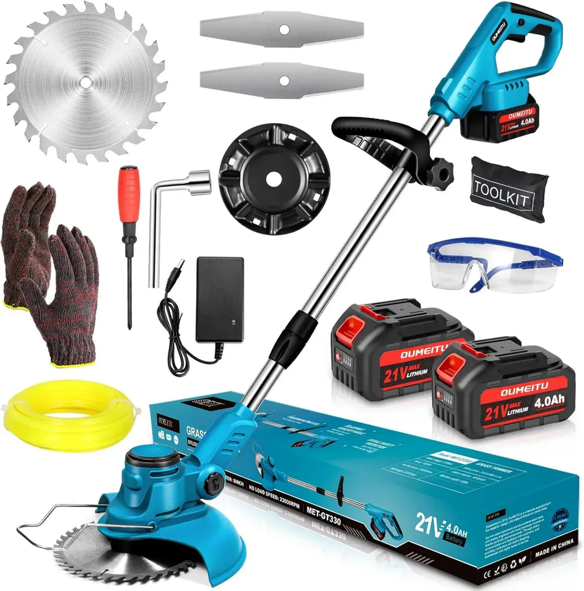 Tagliabordi a Batteria 21V Makita 1300W - Motore Brushless, 2 Batterie 4.0Ah, 8 Lame per Prato e Giardino