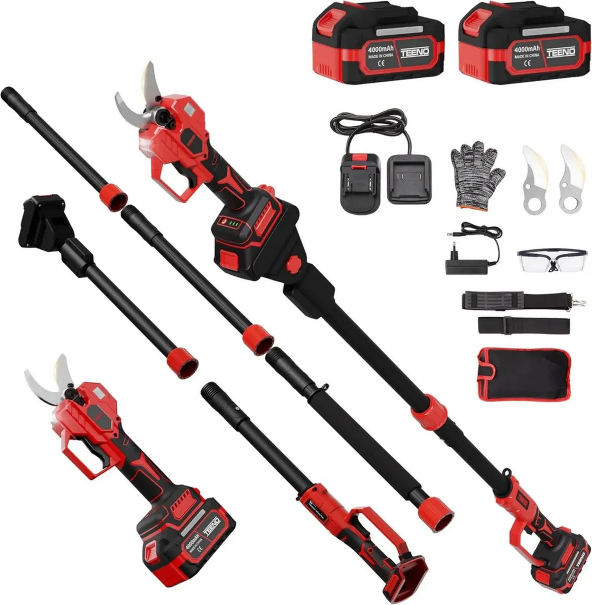 Forbici da Potatura Elettriche TEENO, Lama SK5 da 50mm, Asta Telescopica 3m, 2 Batterie 4000mAh, Motore Brushless, 3 Modalità di Taglio per Giardino