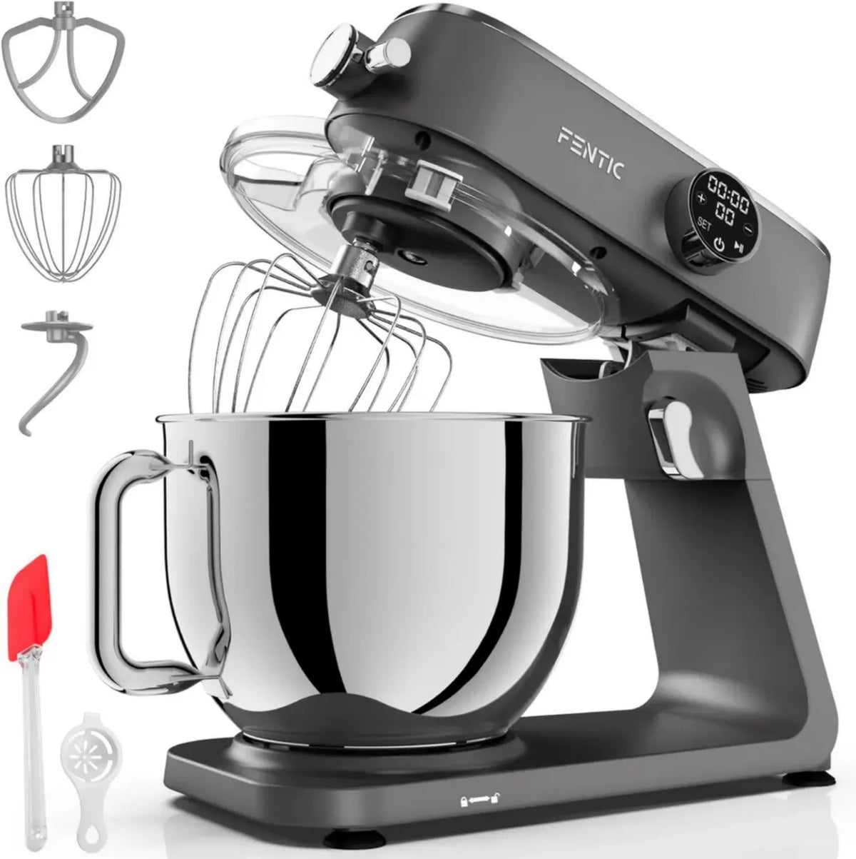 Robot da Cucina 1800W, Ciotola Inox 7L, Funzioni Multiple con Frusta e Gancio, Struttura in Alluminio, Accessori Inclusi (Antracite)