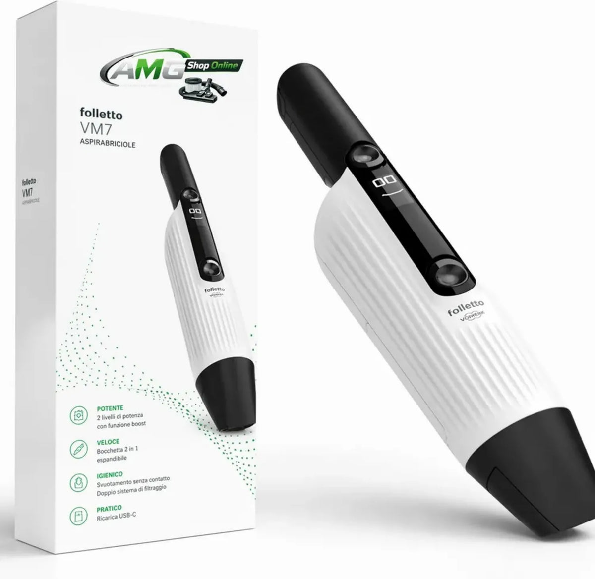 Aspirapolvere Portatile Senza Fili Folletto VM7 con USB-C e Supporto Muro - Bocchetta Espandibile 2 in 1 - Doppia Potenza con Boost - Design Compatto