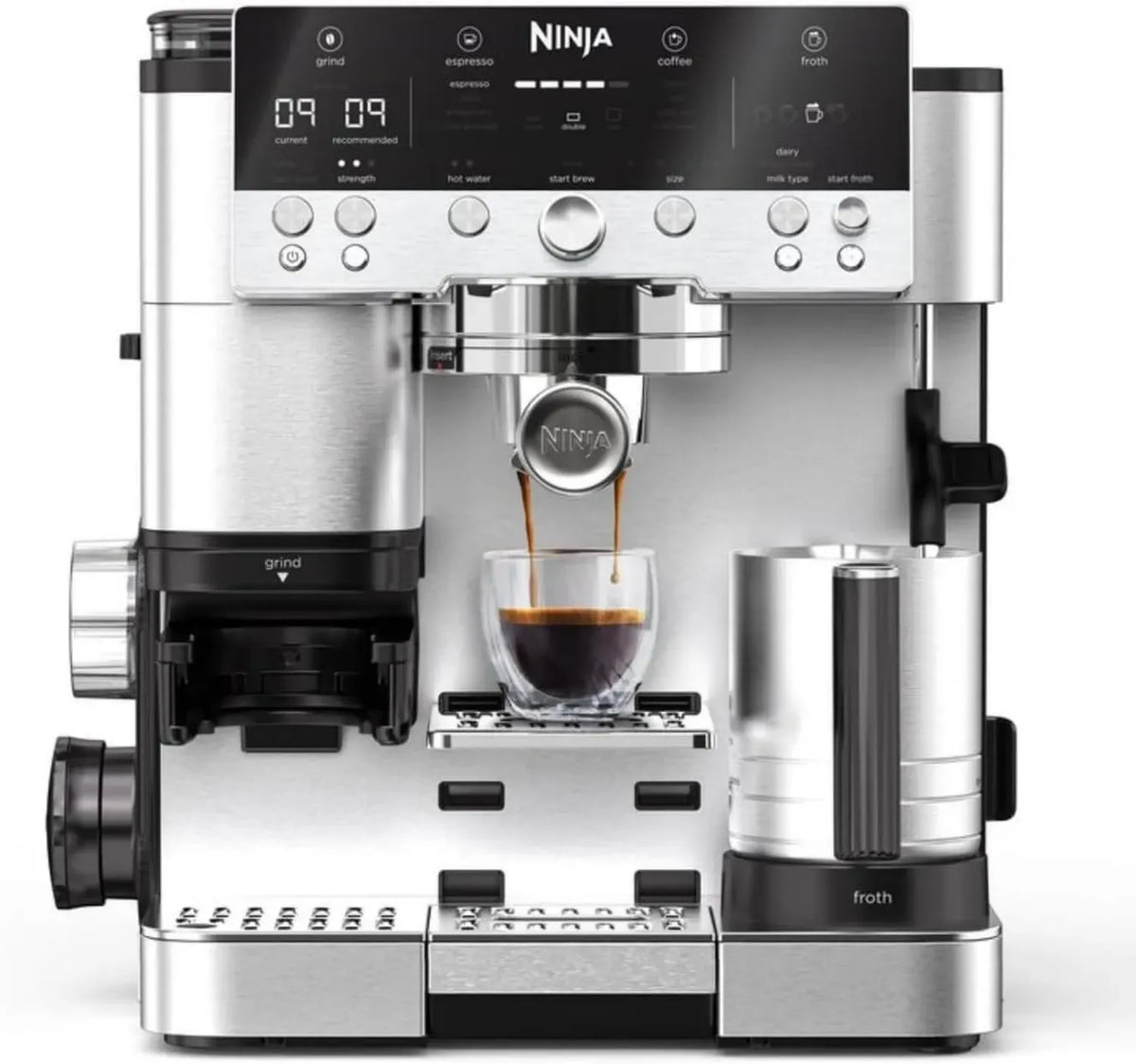 Macchina da Caffè Ninja 3 in 1 con Macinacaffè e Montalatte, Espresso e Cappuccino, 4 Programmi Automatici, Argento