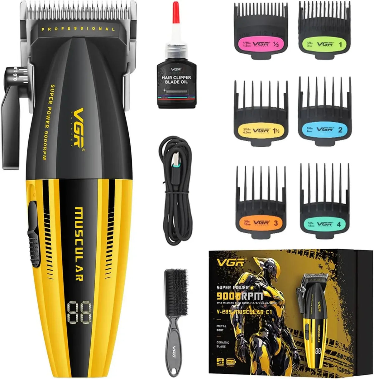 Tagliacapelli Professionale VGR 285 per Uomo con Display LED, 9000 RPM, Ricarica USB, Senza Filo e Leggero