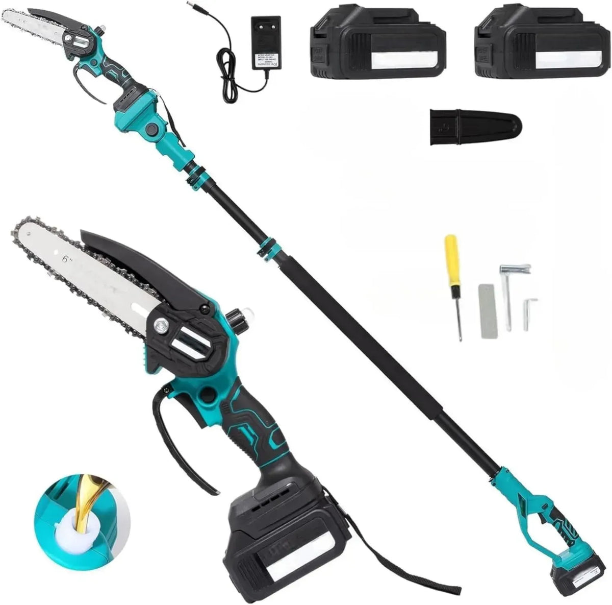 Set Potatura 3 in 1: Motosega a Batteria con Lubrificazione Automatica, Forbici Elettriche e Asta Telescopica 120-250cm, Doppia Batteria 48V per Giardino e Vigneto