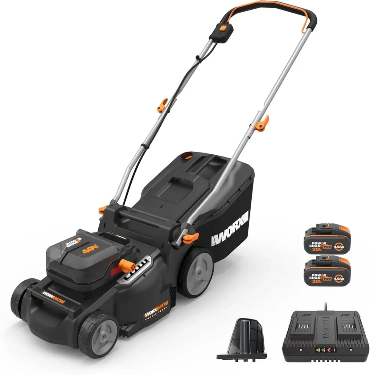 Worx WG737E Rasaerba a Batteria 40V 37cm, Perfetto per Giardini Medi e Grandi, Include 2 Batterie 4.0Ah e Caricatore, Tecnologia IntelliCut, Funzione di Pacciamatura