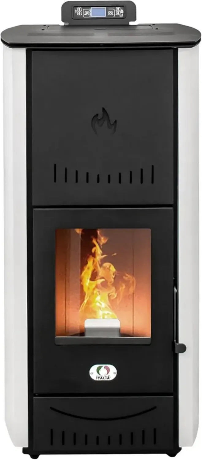 Stufa a Pellet Idro 20 kW New York - Riscaldamento ed Acqua Calda, Efficienza 90%, Autonomia 22 Ore, Programmabile, 120m², Bianco, Garanzia 24 Mesi